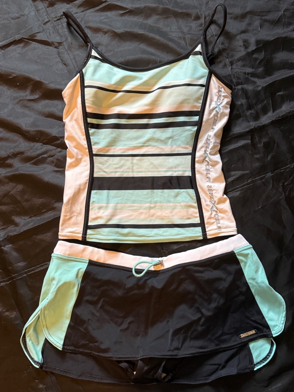 ZeroXposure Tankini 2-piece swimsuit turquoise, white, black. Sz 8 top 10 skirt